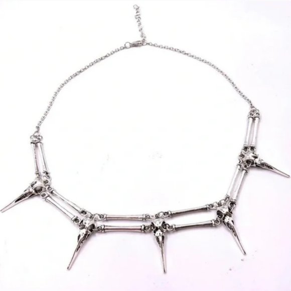 NEW Silver Raven Bird Head Skull Spike Choker Necklace Costume - Picture 4 of 6